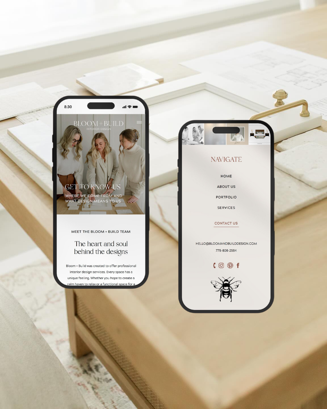 mobile view of interior design studio homepage and menu in front of a flat lay of textures and fixtures